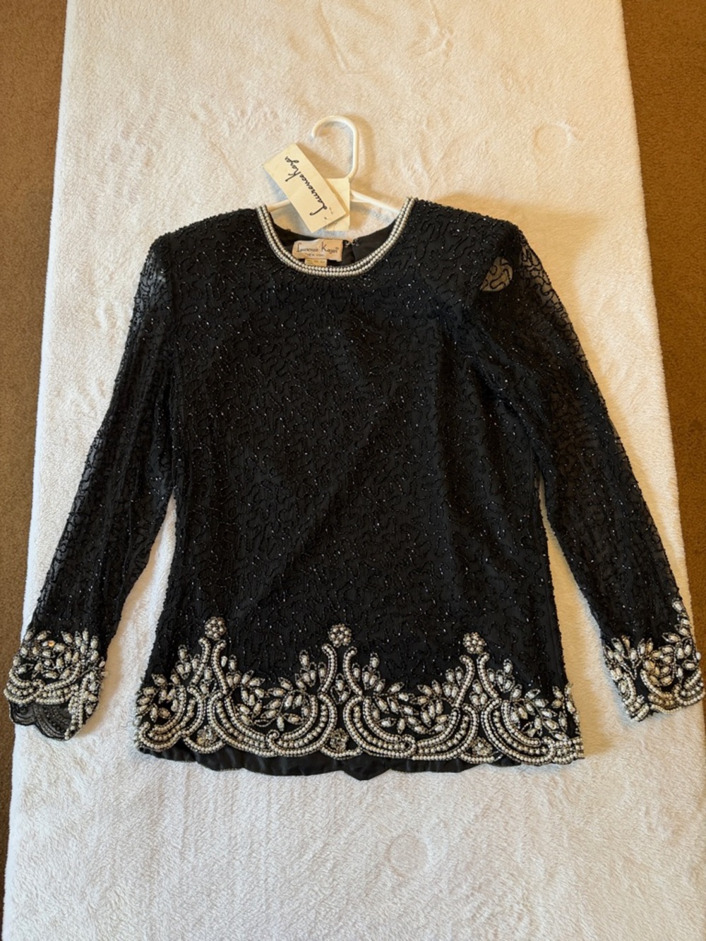 Laurence Kazar Black Beaded Long-Sleeve Embellished Top